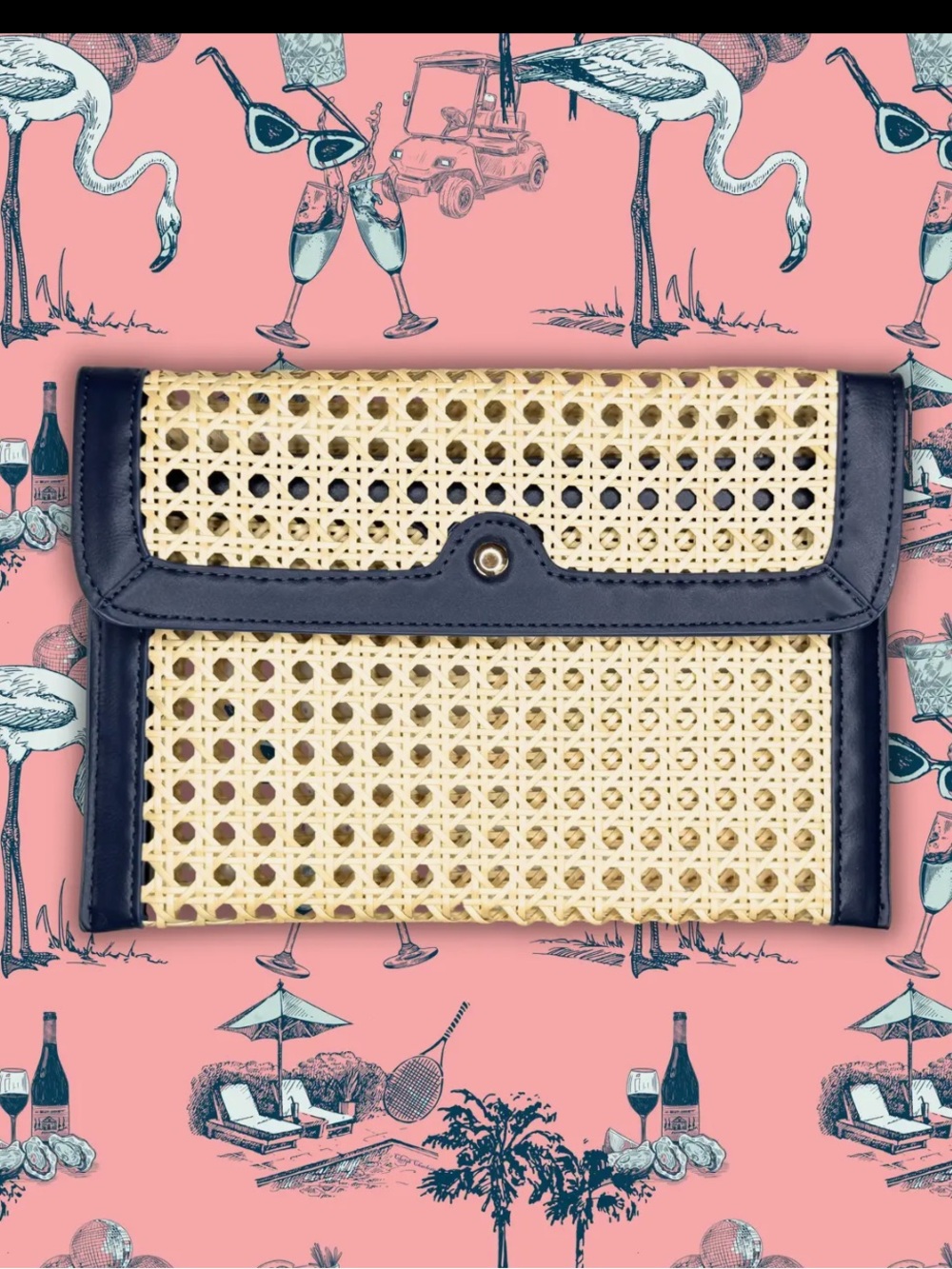 Woven Rattan Clutch with navy  Trim